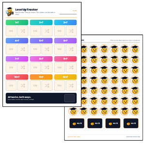 The color kit: a tracker sheet with two boxes for each times table, beside a sheet of cut-out bee faces to stick in them.